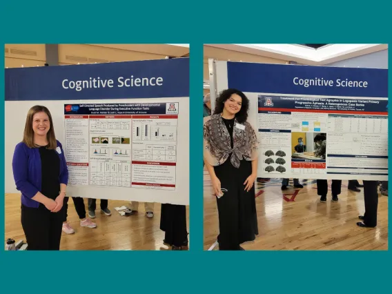 Two SLHS PhD students standing next to their winning posters.